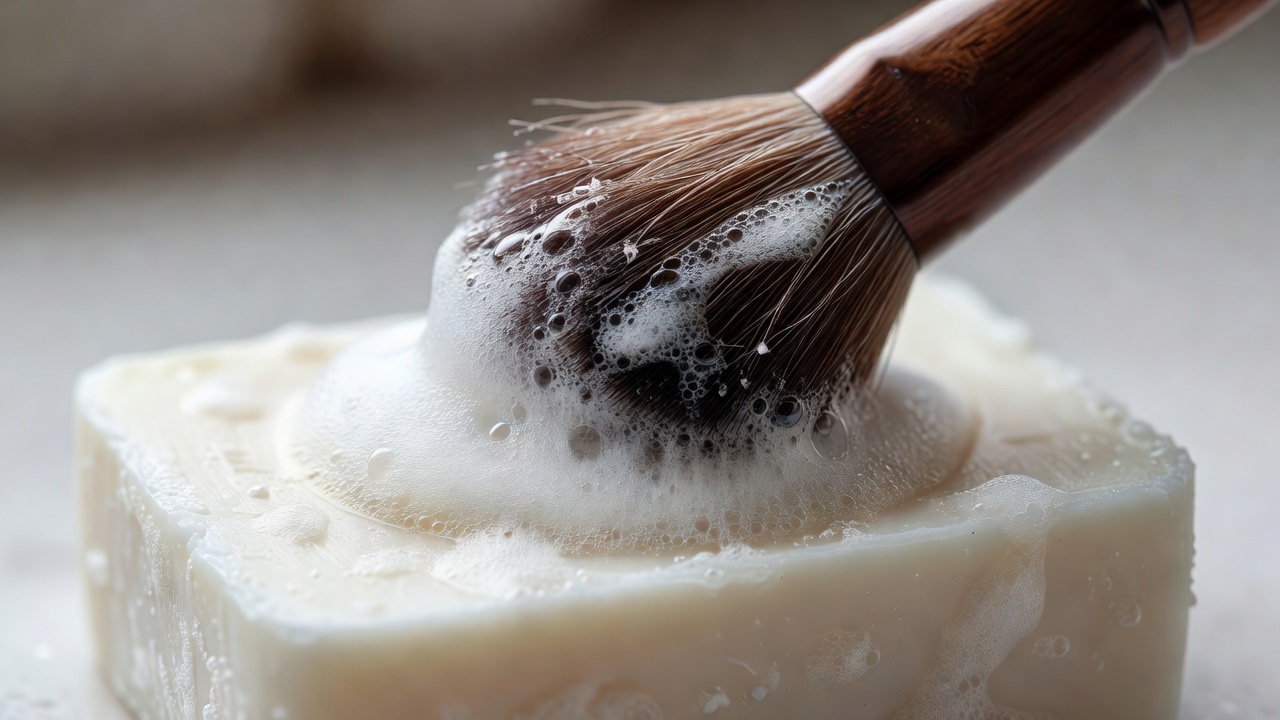 Close-up of a makeup brush being swirled on a bar of soap with soft foam on the bristles