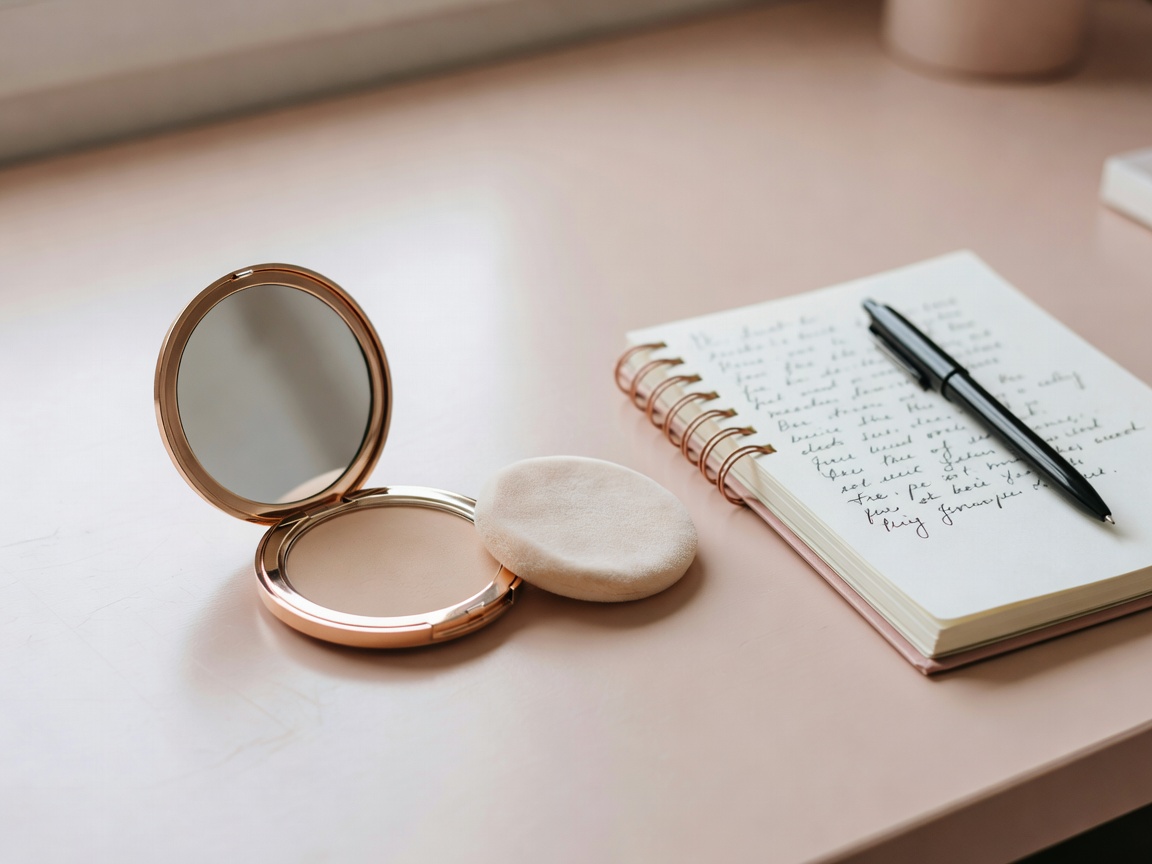 Close-up of an open compact mirror and powder beside a handwritten notebook on a blush-toned desk