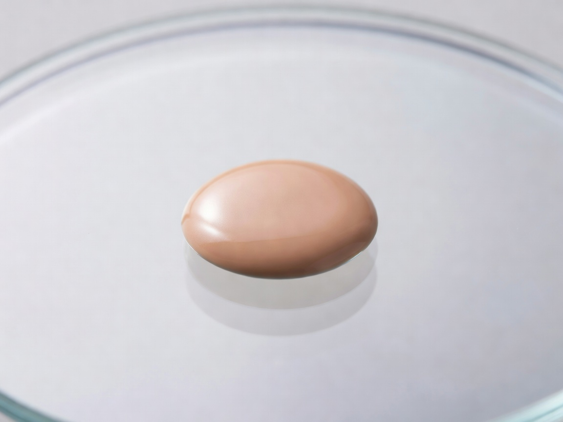 Close-up of a single drop of liquid foundation on a glass surface showing its smooth, slightly glossy texture