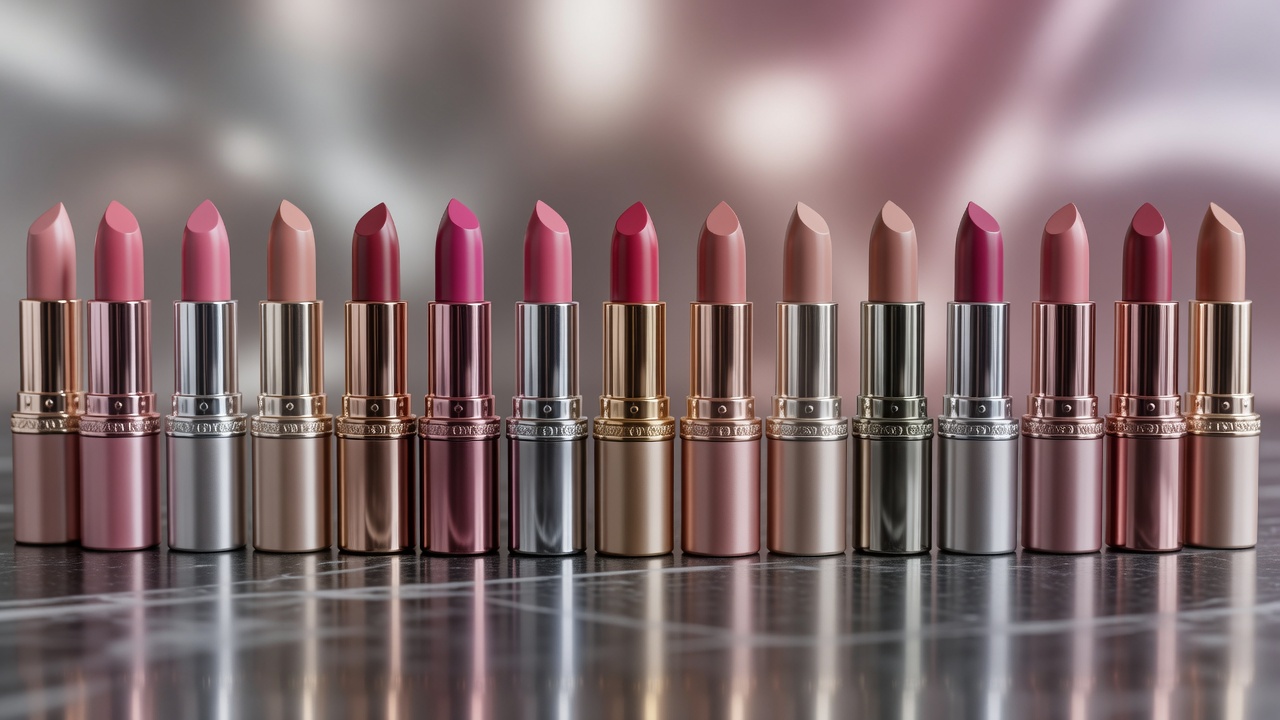 Row of lipstick tubes in muted rose, berry and nude shades with metallic packaging details in shallow focus