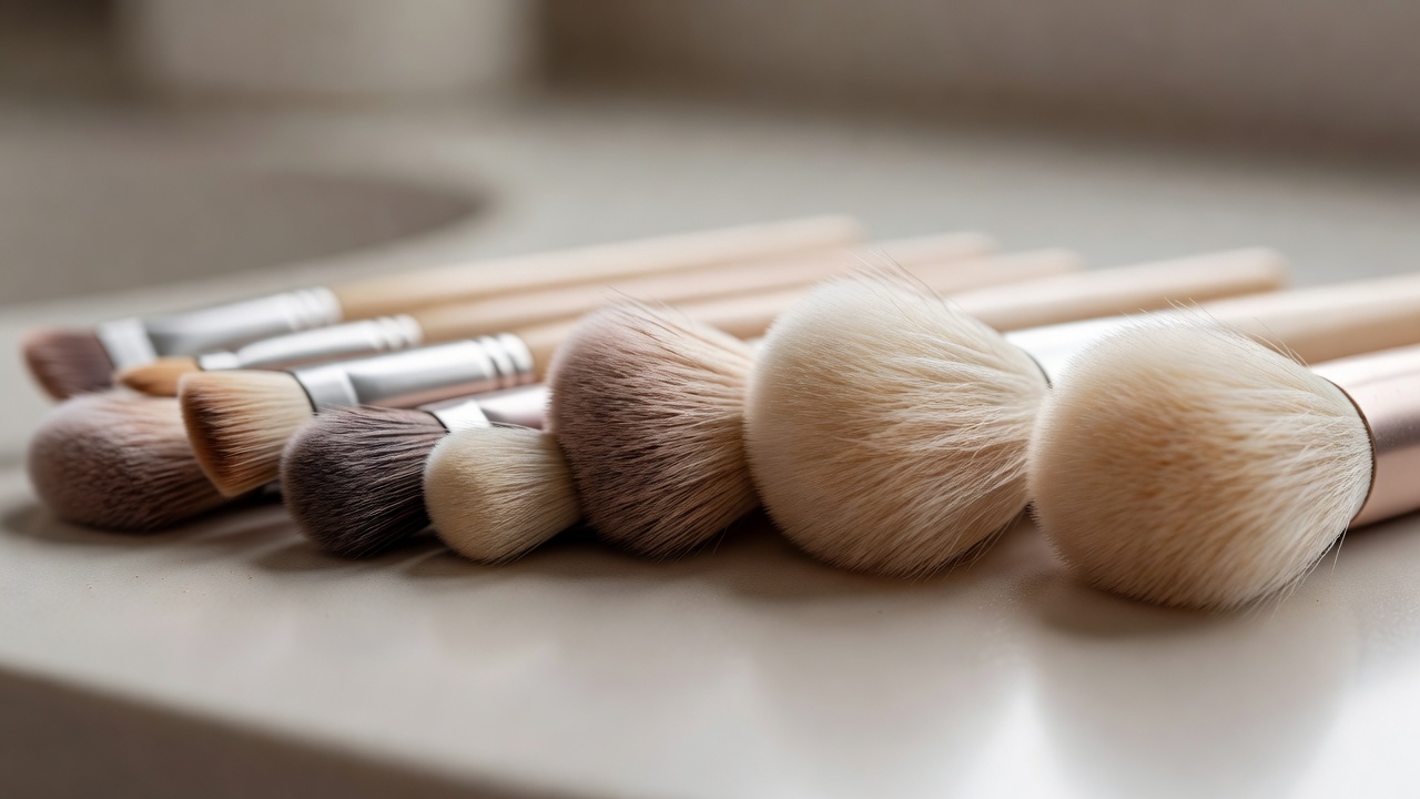Close-up of makeup brushes with dense and fluffy bristles arranged side by side in shallow depth of field