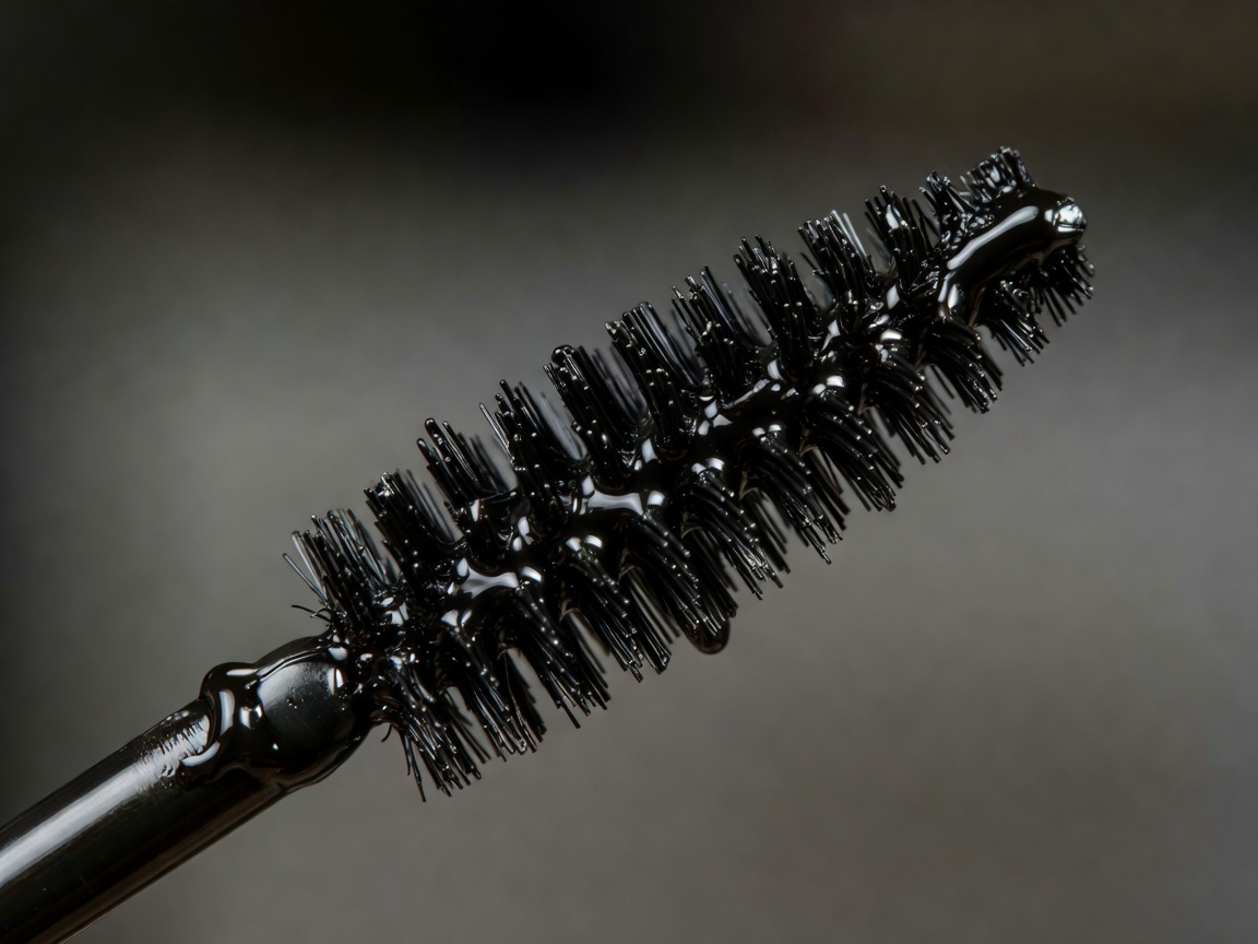 Macro close-up of a mascara wand with black formula coating its fine bristles