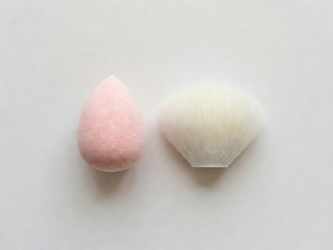 Close-up of a blush-pink makeup sponge beside a fluffy powder brush on a pale surface